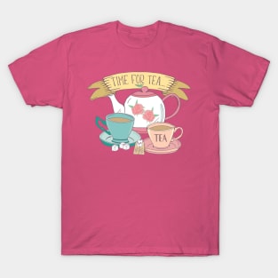 Time For Tea Aesthetic Tea Design in Vintage Pink and Blue T-Shirt